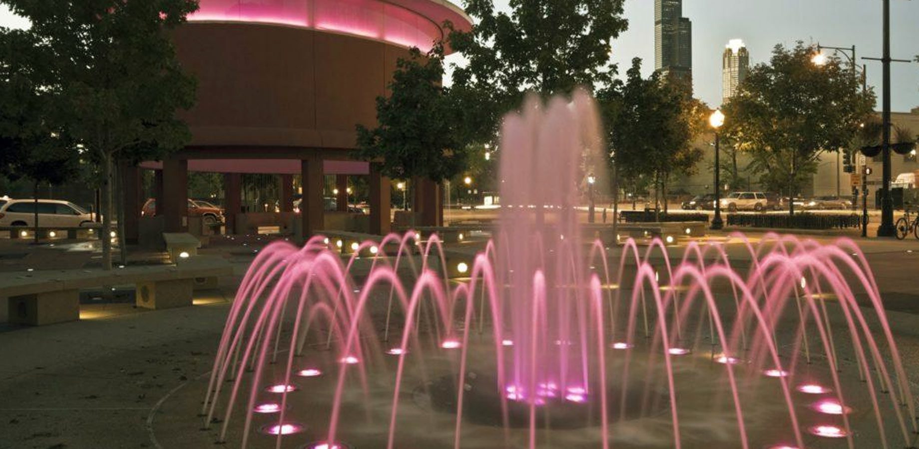 Fountain with pink lights in Medical District.