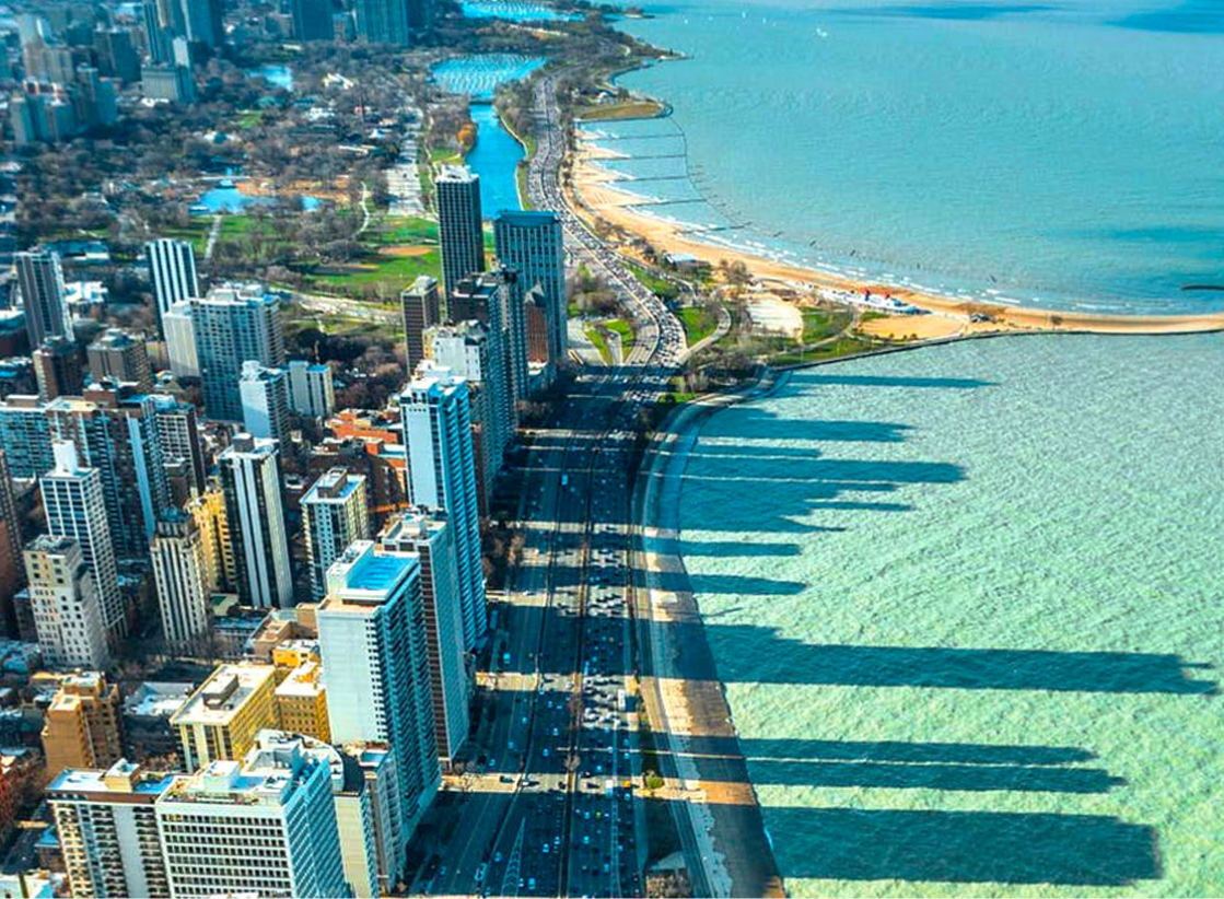 Chicago coast from helicopter.