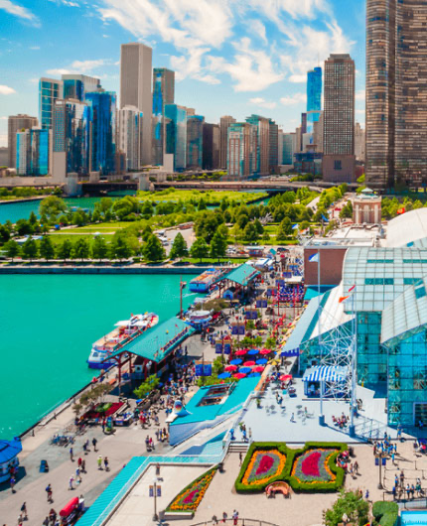 Navy Pier with trees and buildings in the background.