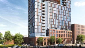 A rendering of new apartment building One Six Six in Chicago's Fulton Market neighborhood.